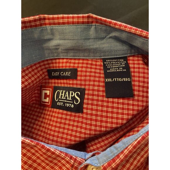 NWT Chaps Men’s XXL/TTG Easy Care Red White Plaid Long Sleeve Button Down Shirt - Picture 3 of 6